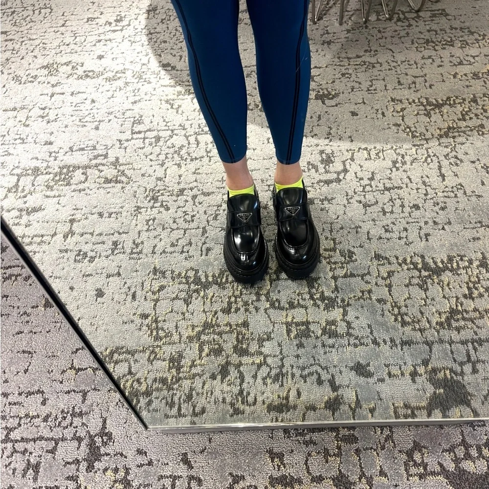 Prada Black Brushed Leather Lug-Sole Penny Loafers with Gold Plaque - Picture 3 of 3